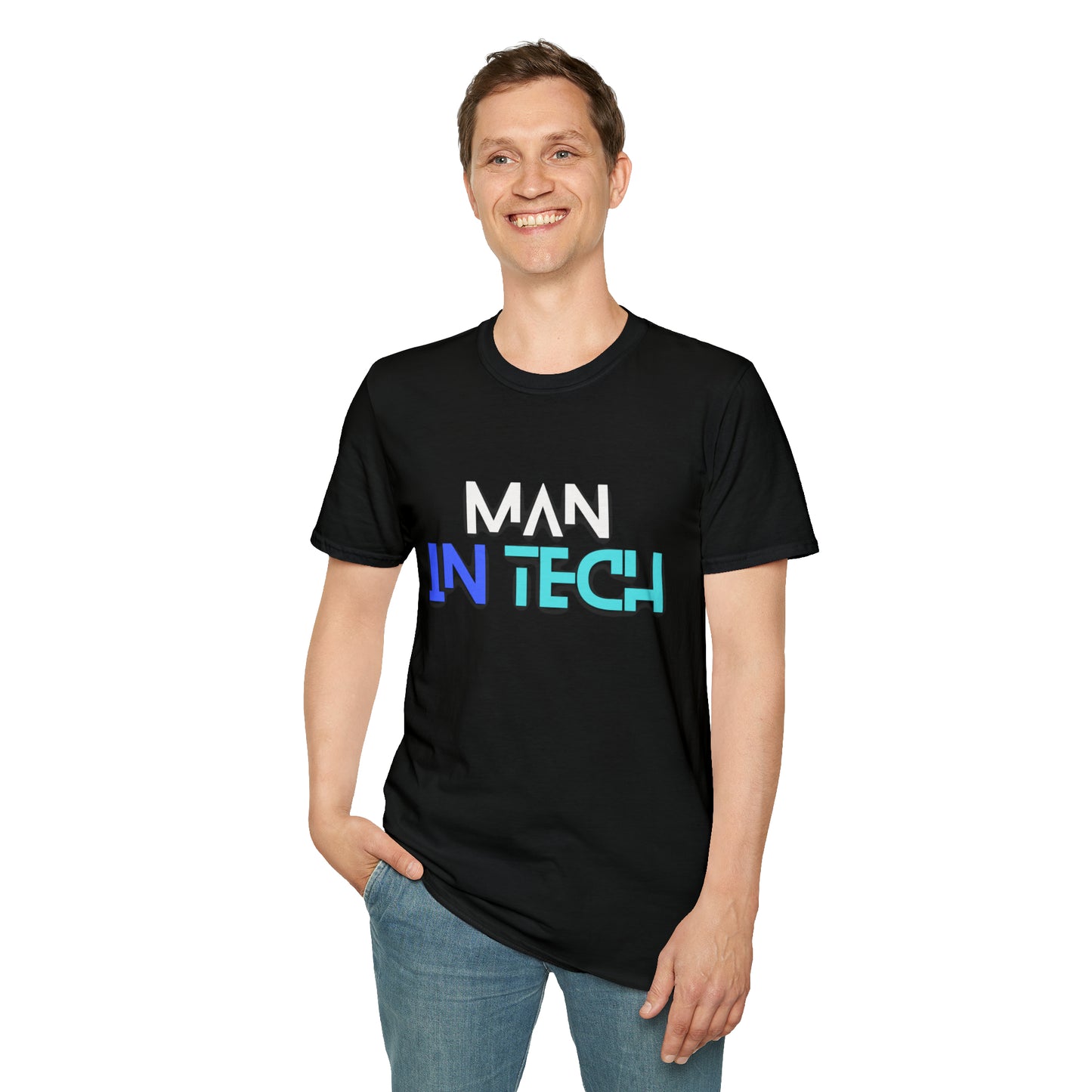 Man In Tech Unisex Softstyle T-Shirt (Black)